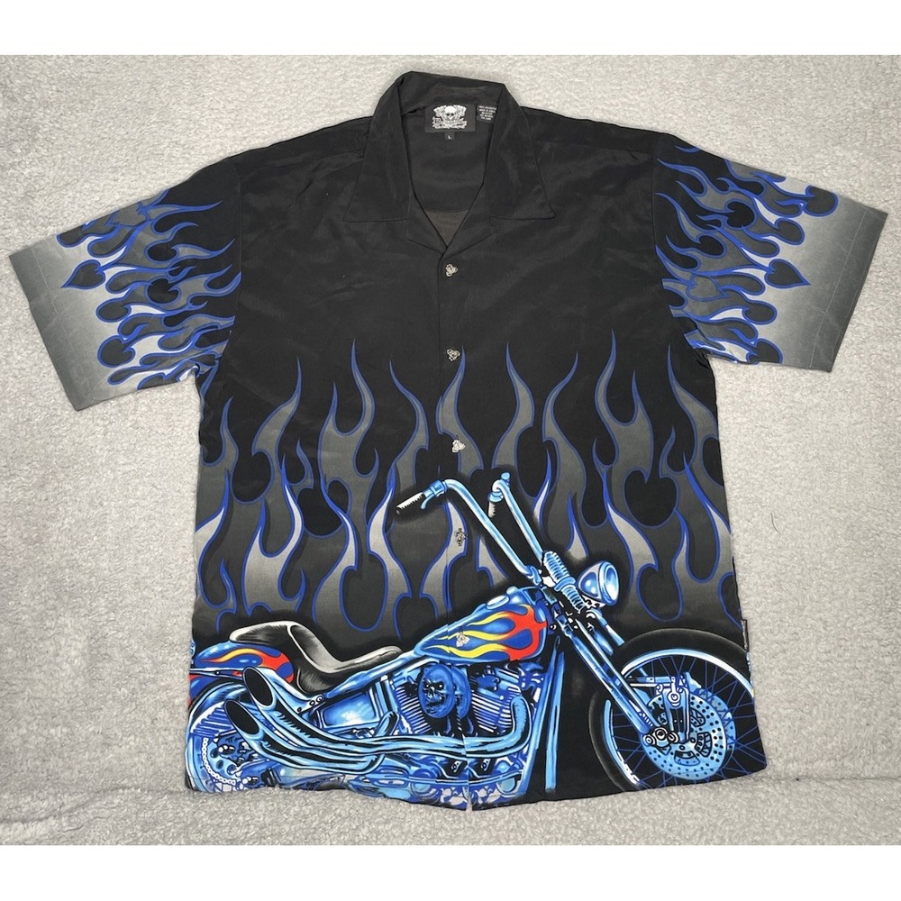 Dragonfly Button Up Shirt Mens Large Blue Motorcycle Camp Flames Biker Rider